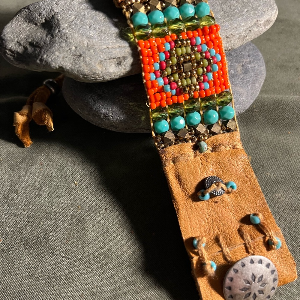 Beaded boho leather cuff bracelet